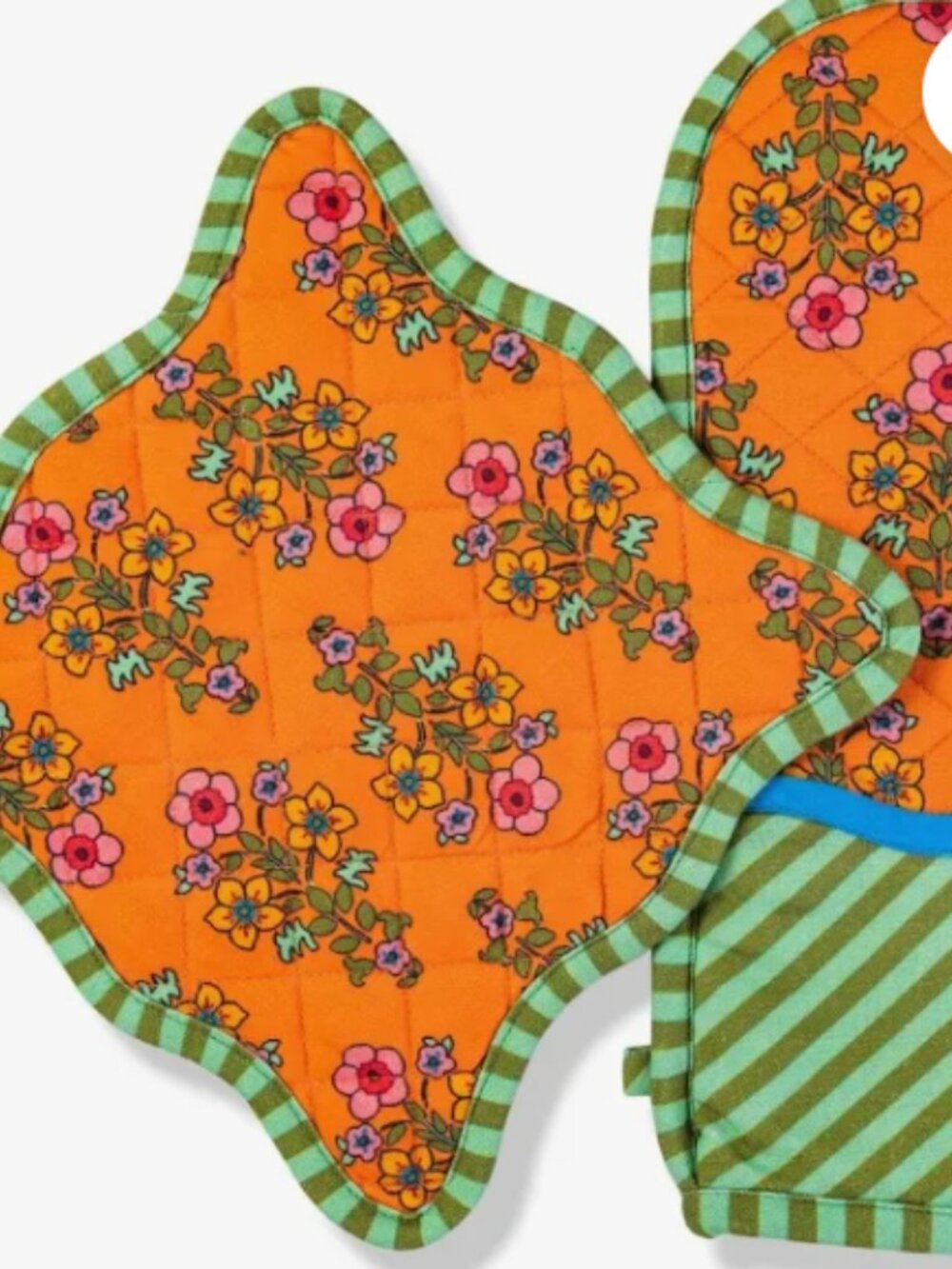 NWT - Furbish Studio Block Print Oven Mitt & Pot Holder Set - Orange and Green